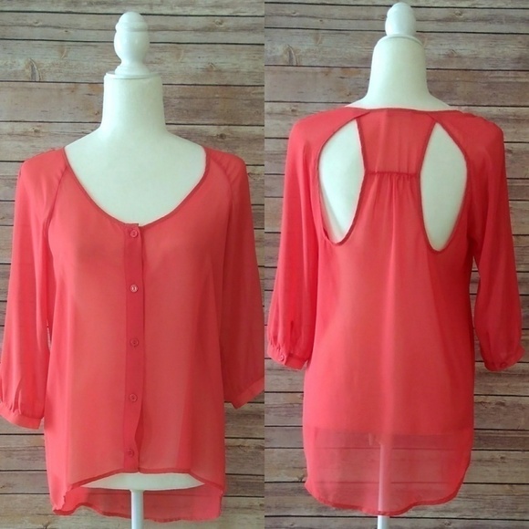 Lush top coral red sheer 3/4 sleeve cutout back detail buttoned women's size S - Picture 2 of 8